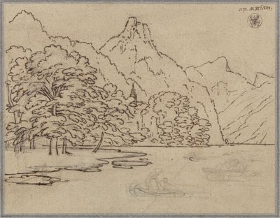 Hegyi táj tóval, valószínűleg a Traunsee a Kleiner Sonnsteinnal alkotó: Karl Friedrich Schinkel