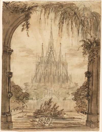 Gótikus katedrális egy tó mögött hattyúkkal alkotó: Karl Friedrich Schinkel