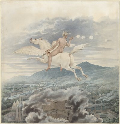 Karl Friedrich Schinkel – Buborékokat fújó női alak, amely Christian Peter Wilhelm Beuth allegóriája, aki Pegaszon lovagol egy ipari város felett – 1837 alkotó: Karl Friedrich Schinkel