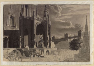 Gótikus székesegyház kapuzata Szent Mihály lovasszobrával, szemben kúttal, a háttérben palotával alkotó: Karl Friedrich Schinkel