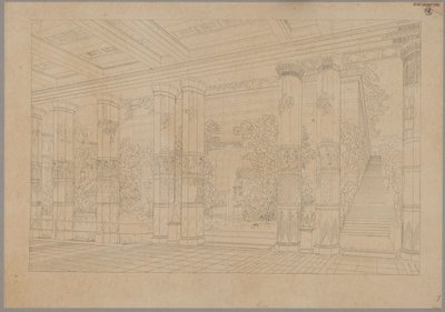 Az oriandai palota a Krímben. Antik terv. A császári udvar oszlopcsarnokának perspektivikus nézete medencével és múzeummal alkotó: Karl Friedrich Schinkel