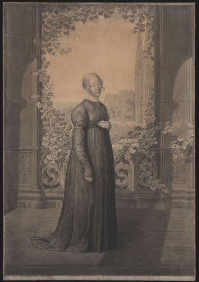 Susanne Schinkel régi német ruhában gótikus építészet előtt, a háttérben gótikus katedrálissal rendelkező tájjal alkotó: Karl Friedrich Schinkel