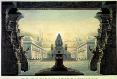 Színházi dekoráció: Dekoráció Wolfgang Amadeus Mozart „La flute enchante (Die Zauberflote) című operájához, Emanuel Schikaneder librettójára. Karl Schinkel (1781-1841) rajza alkotó: Karl Friedrich Schinkel