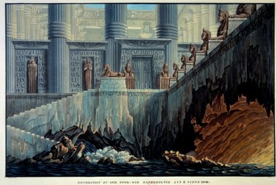Színházi dekoráció a varázslatos fuvolához (Wolfgang Amadeus Mozart „Die Zauberflote” opera). Karl Schinkel metszete (1781-1841) Ec. Minden. alkotó: Karl Friedrich Schinkel