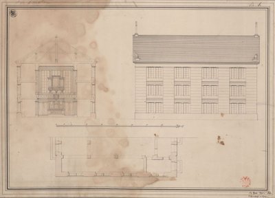 Tillendorf (Bolesławice, Liegnitz kormányzati kerület). Terv az evangélikus templomhoz. Alaprajz, az oldalfőhomlokzat nézete és keresztmetszet alkotó: Karl Friedrich Schinkel