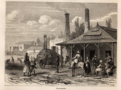 Cukorgyár a mauritiusi Riviere du Rempartról, Karl Girardet (1813-1871) rajza Alfred Verney 1861-es mauritiusi tartózkodásának illusztrálására. Metszet a „” Le tour du monde”-ban, szerkesztette Edouard Charton alkotó: Karl Girardet