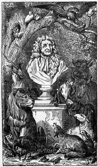 Jean de La Fontaine allegorikus mellszobra, állatokkal körülvéve; a Fables de la Fontaine könyvének előlapja alkotó: Karl Girardet