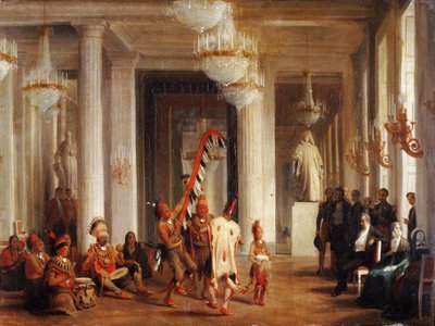 Iowa indiánok tánca a Salon de la Paix-ban a Tuileriákban, bemutatja George Catl festő alkotó: Karl Girardet