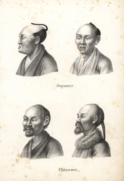 Japán férfiak mellszobra chonmage topknot frizurával, és kínai férfiak szakállal, az egyik copfos. Karl Joseph Brodtmann litográfiája Heinrich Rudolf Schinz Emberek és állatok illusztrált természettörténetéből alkotó: Karl Joseph Brodtmann