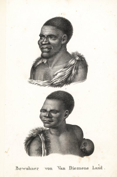 Tasmania őslakosai, Van Diemen földje. Grou Aagara, a férfi mellkasán karikázott és állatbőr köpeny, és Arra-Maida, nő gyermekkel a hátán, kengurupapuzban. A tasmán bennszülötteket a gyarmatosítók kiirtották. Nicolas Martitól másolva alkotó: Karl Joseph Brodtmann