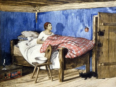 Macska meglátogat egy nőt a hálószobájában, 20. század eleje (illusztráció) alkotó: Karl L. H. Müller