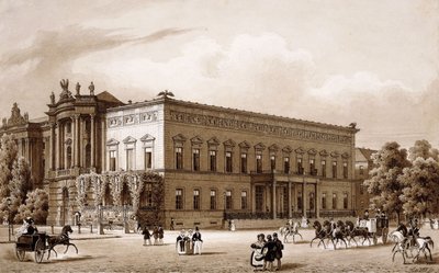 Unter den Linden, Berlin. a Vilmos herceg palotáját, amelyet Karl Langhans épített 1834-36-ban, és a Királyi Könyvtárat, amelyet Georg Christian Unger épített 1775-78 között Josef Emanuel Fischer von Erlach tervei alapján, kilátással a Platz am Opernhausra alkotó: Karl Loeillot Hartwig