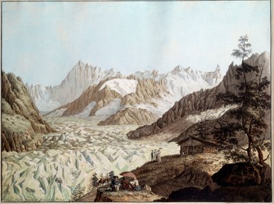 Kilátás a jégtengerre a Mount Avert közelében, Chamonix közelében az Alpokban. Illusztráció: Karl Hackert (1740-1800) (ec.all.) 1781 Frankfurt. Stadelsches Kunstinstitut alkotó: Karl Ludwig Hackert