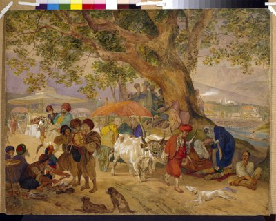 Az édes vizek forrása Konstantinápoly közelében (Oszmán Birodalom, mai Isztambul, Törökország). (Sweet Water Springs közelében Konstantinápoly). Karl Pavlovich Briullov (Briullov) (1799-1852) munkája, akvarell és fehér papíron alkotó: Karl Pavlovich Bryullov