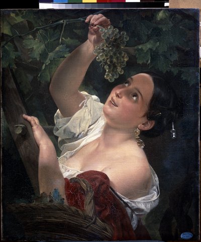 Olasz dél (olasz dél). Fiatal nő, csupasz váll, szőlőfürtöt szed - Karl Pavlovich Briullov (Briullov) festménye (1799-1852) - olaj, vászon alkotó: Karl Pavlovich Bryullov