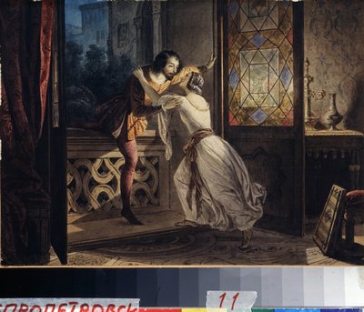 Rómeó és Júlia (Rómeó és Júlia). Egy férfi felmászik az erkélyre, hogy egy nőt találjon egy titkos randevún. Karl Pavlovich Briullov (Bryullov) festménye (1799-1852). Akvarell, karton, 1830 körül, 23,2 x 31,5 cm, orosz művészet alkotó: Karl Pavlovich Bryullov