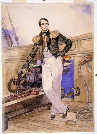 Vlagyimir Alekszejevics Kornyilov 1806-1854) a Themistocle híd fedélzetén. (Vlagyimir Alekszejevics Kornyilov a Themisztoklész dandár fedélzetén). Haditengerészeti tiszt és a Fekete-tengeri Flotta vezérkari főnöke, a krími háború hőse (1853-1856) áll alkotó: Karl Pavlovich Bryullov