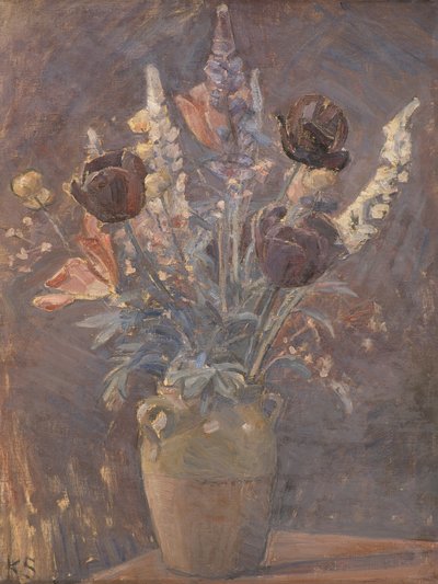 Tulipánokkal és egyéb virágokkal díszített agyagváza, Karl Schou alkotása alkotó: Karl Schou
