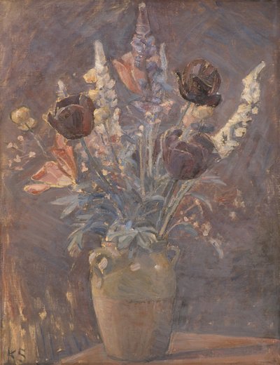 Agyagváza tulipánokkal és más virágokkal alkotó: Karl Schou