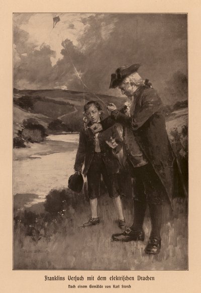 Benjamin Franklin villámlást vizsgál (litográfia) alkotó: Karl Storch