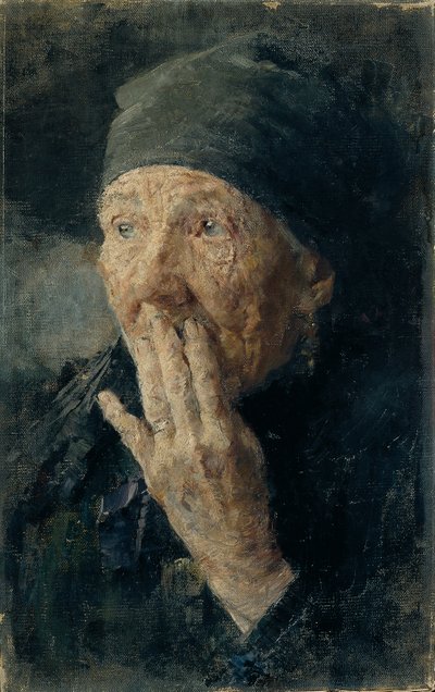 Egy idős nő feje, kezével a szája előtt alkotó: Karoline Kubin