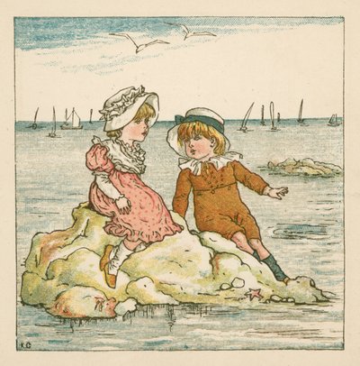 Fiú és lány egy sziklán rekedt (színes litó) alkotó: Kate (after) Greenaway