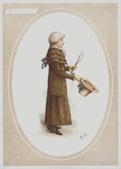 Fiú hosszú barna kabátban, parókával, sapkával és vadászostorral (színes litó) alkotó: Kate (after) Greenaway
