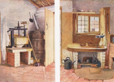 A konyhai szivattyú és a régi sajtprés, Rolleston (színes litográfia) alkotó: Kate (after) Greenaway