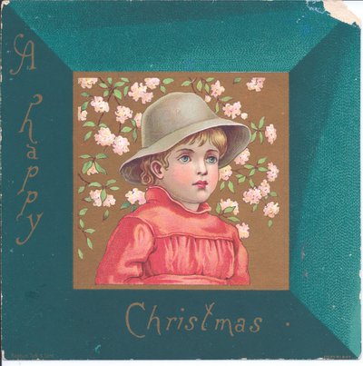 Viktoriánus újévi kártya egy régensruhás, kék gyöngyökből álló nyakláncot viselő lányról, 1880 körül alkotó: Kate Greenaway