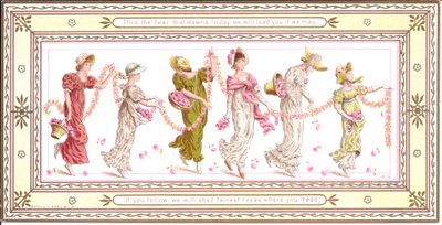 Egy gyermek viktoriánus üdvözlőlapja sárga sállal a nyakában, 1880 körül alkotó: Kate Greenaway