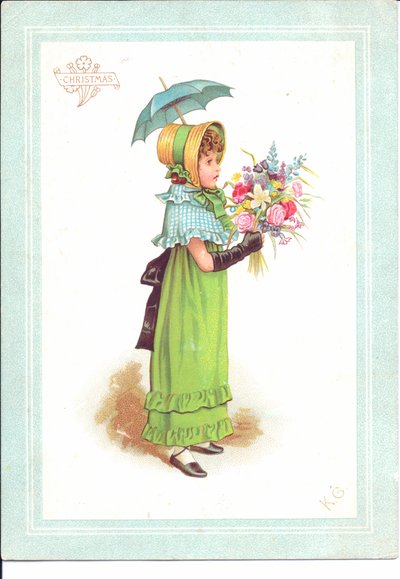 Egy viktoriánus üdvözlőlap díszes kosztümös táncoló gyerekekről, 1880 körül alkotó: Kate Greenaway