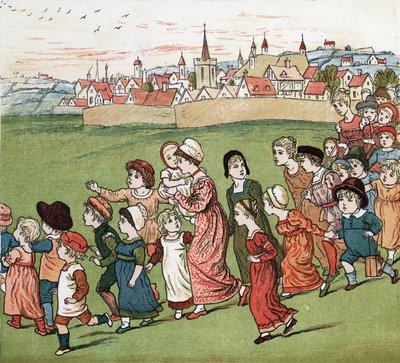 Anyák és gyerekek tömege menekül a faluból. Kate Greenaway (1846-1901) illusztrációja az Edmund Evans által szerkesztett „” Under The Window” (1879) mesék és mondókák gyerekeknek című könyvéből. alkotó: Kate Greenaway