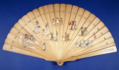 Egy nagy, fából készült Brise-legyező, színesre festve, különféle foglalkozású gyermekcsoportokkal, alkotó: Kate Greenaway