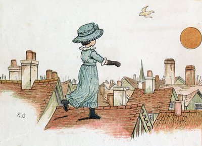 Egy kislány séta a város tetején kora reggel a nap felé. Kate Greenaway (1846-1901) illusztrációja az Edmund Evans által szerkesztett „” Under The Window” (1879) mesék és mondókák gyerekeknek című könyvéből. alkotó: Kate Greenaway
