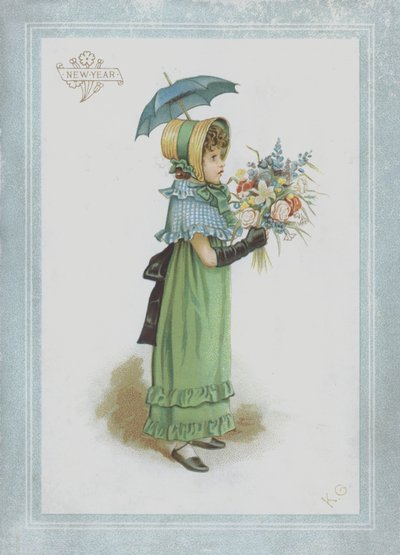 Lány zöld ruhában, kezében napernyővel és egy csokor virággal alkotó: Kate Greenaway