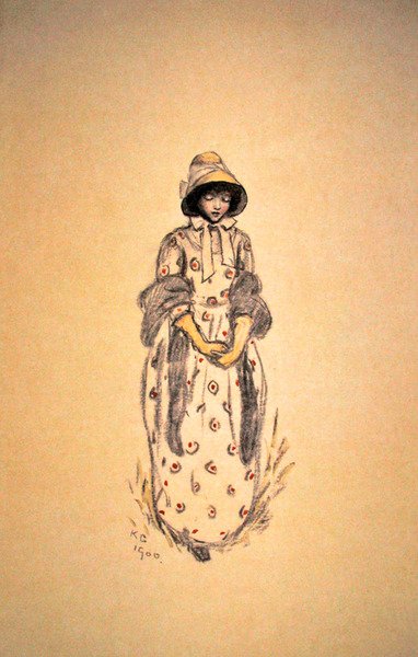 Lány piszkáló motorháztetőben és kendőben alkotó: Kate Greenaway