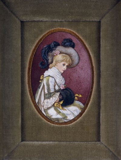 Ovális portré egy szőke lányról, aki tollas kalapot visel, kezével a muffjában alkotó: Kate Greenaway