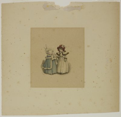 Két kislány szőrmeszegélyes kabátban alkotó: Kate Greenaway