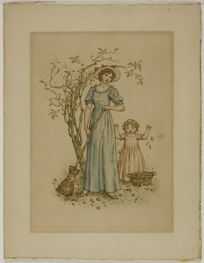 Nő seprűvel és kislánnyal alkotó: Kate Greenaway