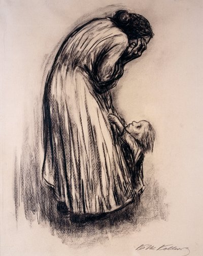Kétségbeesett nő gyermekkel, alkotó: Käthe Kollwitz