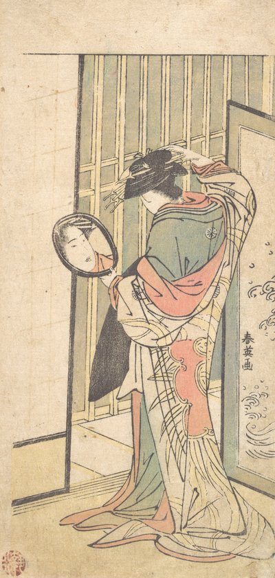 Egy udvarhölgy a tükörképét nézi egy kéztükörben, kb. 1787. alkotó: Katsukawa Shun