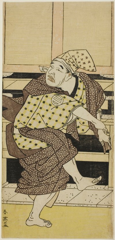 Asao Tamejűrô I színész mint részeg Gotôbei, aki Sambasô táncot jár a "Yoshitsune Koshigoe petíciója" ("Yoshitsune Koshigoe jô") című filmben. alkotó: Katsukawa Shun