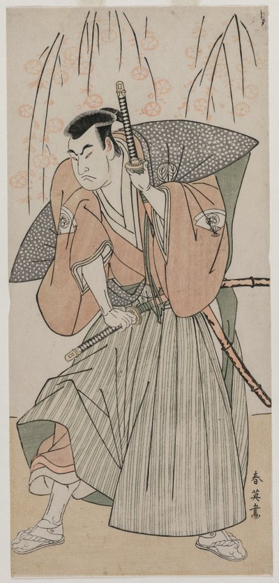 Onoe Matsusuke I, mint egy cseresznyefa alatt álló szamuráj, 1780-as évek vége. alkotó: Katsukawa Shunei