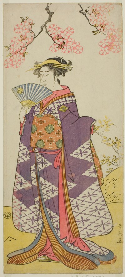 Ichikawa Komazo II. színész mint Shiragiku úrnő szelleme a Hatsu Midori Saiwai Soga című darabban, amelyet a Kawarazaki Színházban adtak elő 1791 harmadik hónapjában. alkotó: Katsukawa Shun