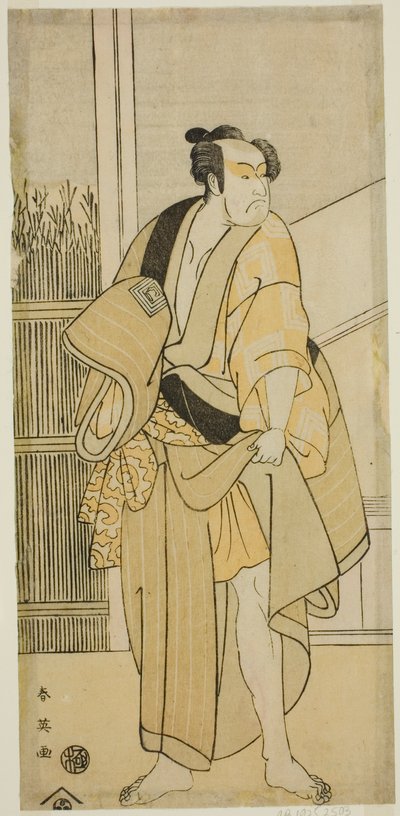Ichikawa Monnosuke II. színész mint Hiranoya Tokubei () a Waka Murasaki Edokko Soga () című darabban, amelyet az Ichimura Színházban () adtak elő 1792 harmadik hónapjában (). alkotó: Katsukawa Shun