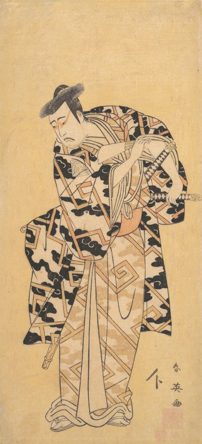 A színész Ichikawa Yaozo III, mint Fuwa Banzaemon mennydörgés köntösben, Játék egy rajongóval, 1794. alkotó: Katsukawa Shun