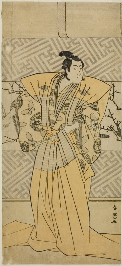 Iwai Hanshiro IV. színész mint Soga no Goro Tokimune a Koi no Yosuga Kanegaki Soga című darabban, amelyet az Ichimura Színházban adtak elő az első hónapban, 1789-ben. alkotó: Katsukawa Shun