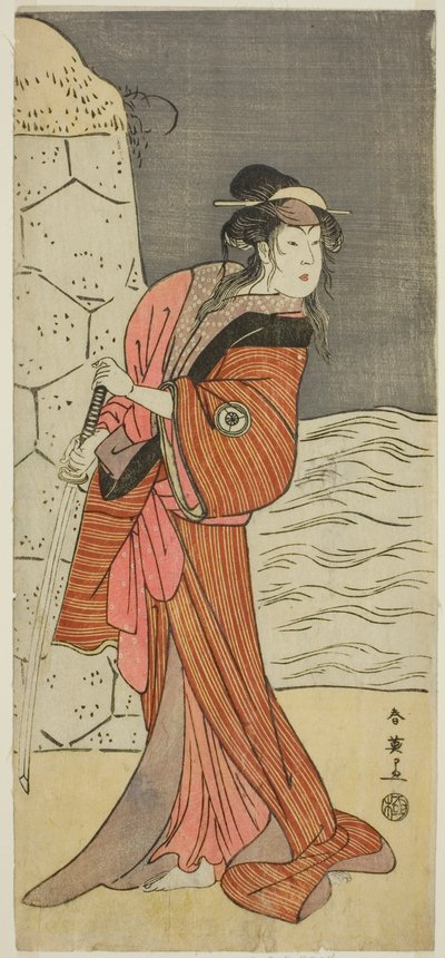 Iwai Hanshiro IV. színész mint Yaegushi no Oroku () a Keisei Kogane no Hakarime () című darabban, amelyet a Kawarazaki Színházban () adtak elő 1792 harmadik hónapjában (). alkotó: Katsukawa Shun