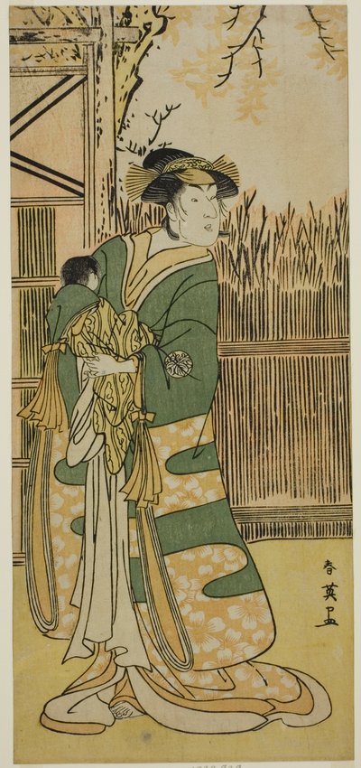 Nakayama Tomisaburo I. színész mint Tokiwa úrnő (Tokiwa Gozen) () a Kimmenuki Genke no Kakutsuba () című darabban, amelyet az Ichimura Színházban () adtak elő 1791 tizenegyedik hónapjában (). alkotó: Katsukawa Shun