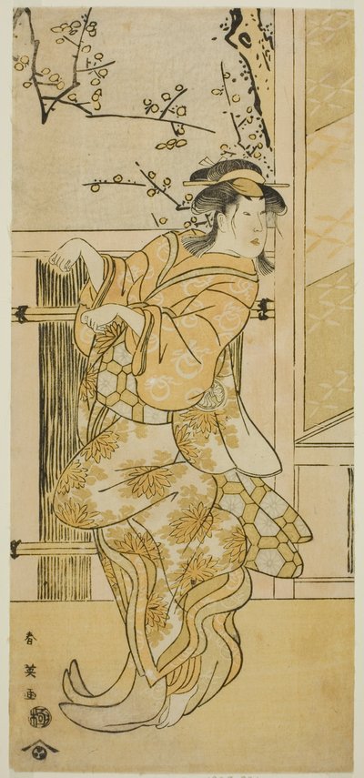A színész Segawa Kikunojo III mint Kojoro-gitsune (női róka) Omikinek álcázva a Komachi-mura Shibai no Shogatsu című darabban, amelyet a Nakamura Színházban adtak elő 1789 tizenegyedik hónapjában. alkotó: Katsukawa Shun